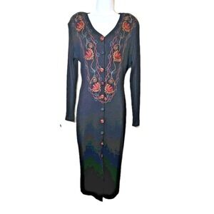 Vtg 1980s Carole Little Embroidered Sweater Dress Black Size S Long Cable Sleeve
